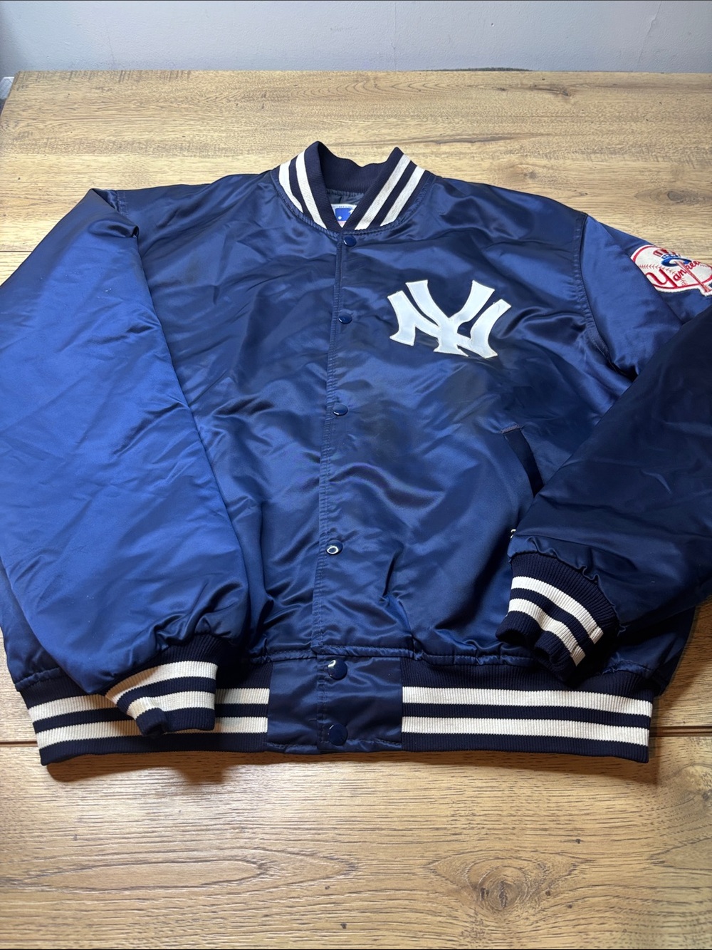 Men’s 90s Vintage STARTER Navy White New York Yankees Satin Bomber Jacket XXL